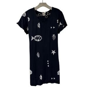Connie Choi Dress Little Black Shift Dress Large Fish Print Vintage